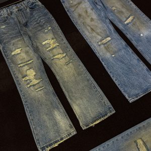Down Minor: Heavy wash, yellowed, tattered whiskers, jeans, niche design, yellow mud dyed ripped trousers – Image 4