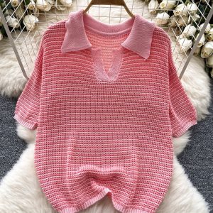 Korean fashion suit, women's summer lazy style, retro lapel, short sleeve, cut-out knit top, tight hip shorts – Image 7