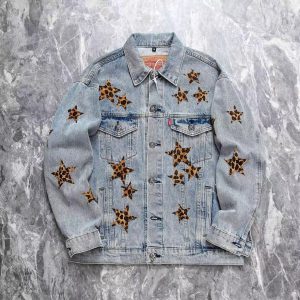 25 ANCIENT DESERTPLANTS LEOPARD PRINT STAR LAPEL DENIM JACKET JACKET CARDIGAN UNISEX CASUAL – Image 5