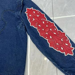 25 DESERTPLANTS Scarlet Leather Cross Lapel Denim Jacket Cardigan Jacket Unisex – Image 4