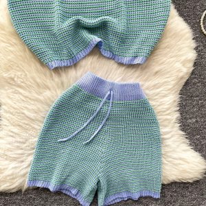 Korean fashion suit, women's summer lazy style, retro lapel, short sleeve, cut-out knit top, tight hip shorts – Image 6