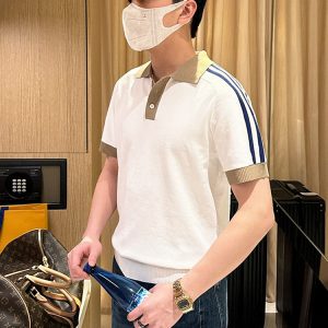British retro youth handsome lapel short sleeve t-shirt summer fashion color-block striped slim knit polo shirt men – Image 3