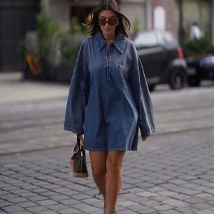 cross-border foreign trade European and American women's clothing summer new simple fashion personality loose long-sleeved denim dress – Image 5