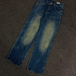 Down minority Summer Washed Moss Cracked Jeans Niche design dark blue distressed trousers – Image 3