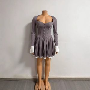 Amazon cross-border Europe and the United States new color-blocked buttons low cut sexy waist pleated dress foreign trade women's clothing wholesale – Image 3
