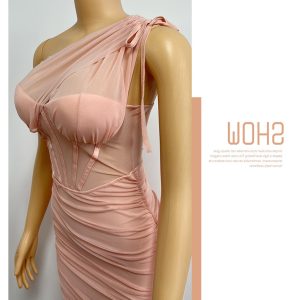 Cross-border, European, American, foreign trade, niche design temperament, slanted shoulders, evening dresses, hollow sexy, slim royal sister pleated hip skirt – Image 6