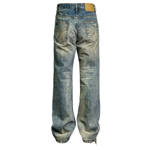 Down Minor: Heavy wash, yellowed, tattered whiskers, jeans, niche design, yellow mud dyed ripped trousers – Image 3