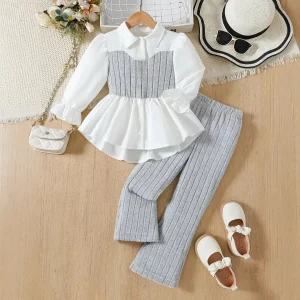 Cross-border girls' suit, pink knitted vest, patchwork lace shirt, woolen striped trousers, children's two-piece suit – Image 3
