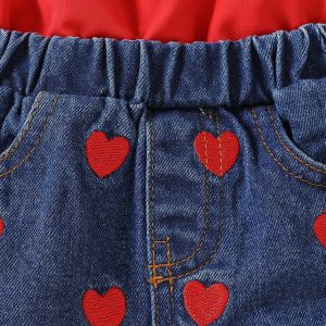hot sale baby girl and children's one-shoulder ruffle suspender top + love embroidered denim short set assembly headscarf – Image 4