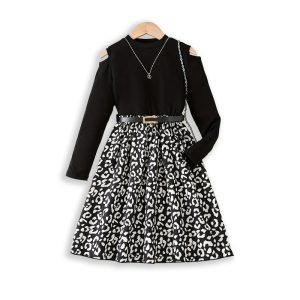 Cross border autumn long sleeve girls dress cutout shoulder knit top floral skirt fake two girl long skirt – Image 5