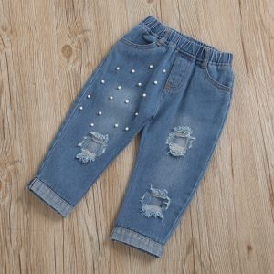 Children's clothing, children's summer denim suit, female white lace sling top, beaded ripped denim trousers, hair band – Image 6