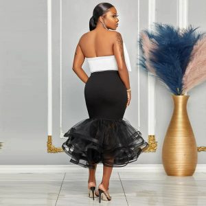 European and American women's cross-border new sexy slim contrasting bandeau off-the-shoulder three-dimensional bow mesh wrap hip skirt suit – Image 3