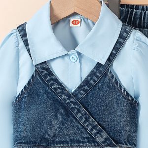 New Autumn Cross-border Baby Lapel Shirt, Denim Vest, Beaded Beaded Denim Flared Pants Three-Piece Set – Image 3