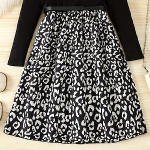 Cross border autumn long sleeve girls dress cutout shoulder knit top floral skirt fake two girl long skirt – Image 4