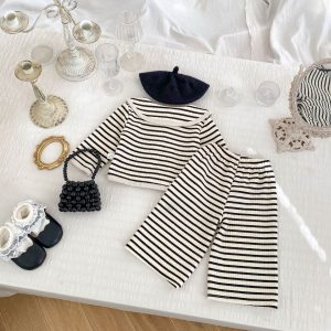 Baby clothes spring and autumn Korean casual striped lapel top, wide-leg pants set, one-year-old baby girl, children's clothing trendy – Image 4