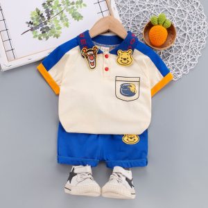 Baby clothes summer thin cotton cartoon split set six seven eight nine ten months 1 year old boy and woman baby summer dress – Image 4