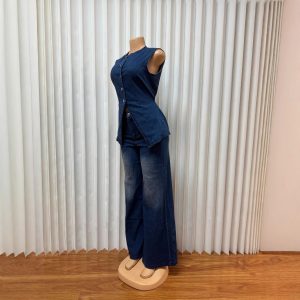 European and American cross-border foreign trade women's clothing Amazon AliExpress washed new temperament sleeveless casual denim trousers set – Image 3