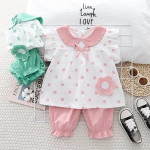 Baby clothes summer cotton cute sweet little girl flying sleeve set 1 to 3 years old baby girl super foreign children's clothes – Image 5