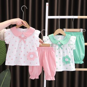 Baby clothes summer cotton cute sweet little girl flying sleeve set 1 to 3 years old baby girl super foreign children's clothes – Image 3