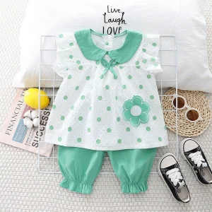 Baby clothes summer cotton cute sweet little girl flying sleeve set 1 to 3 years old baby girl super foreign children's clothes – Image 4