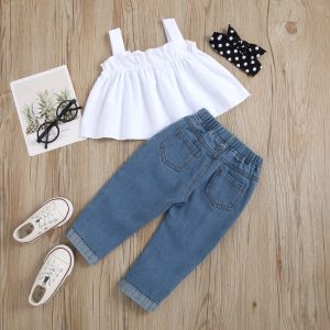 Children's clothing, children's summer denim suit, female white lace sling top, beaded ripped denim trousers, hair band – Image 4