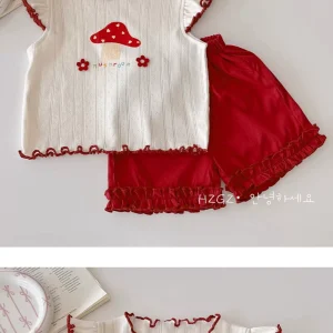 Baby clothes summer thin Korean cute little mushroom flying sleeve shorts split set one-year-old baby girl children's clothes – Image 3
