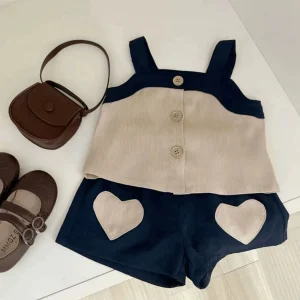 Baby clothes summer thin korean fashion suspender love top shorts set one year old baby girl children's clothes – Image 6