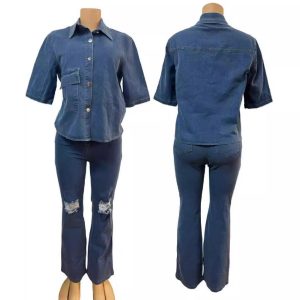 AliExpress European and American women's denim jacket fashion casual personality ripped beggar jeans trouser suit women – Image 3
