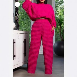 European and American women's clothing AliExpress cross-border hot new casual loose crewneck long-sleeved top straight trouser set – Image 4