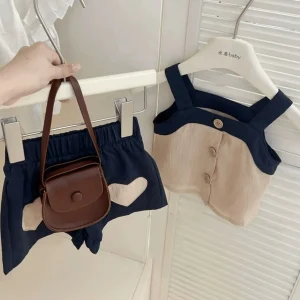 Baby clothes summer thin korean fashion suspender love top shorts set one year old baby girl children's clothes – Image 5