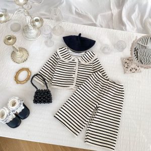 Baby clothes spring and autumn Korean casual striped lapel top, wide-leg pants set, one-year-old baby girl, children's clothing trendy – Image 3