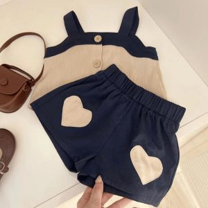 Baby clothes summer thin korean fashion suspender love top shorts set one year old baby girl children's clothes – Image 3