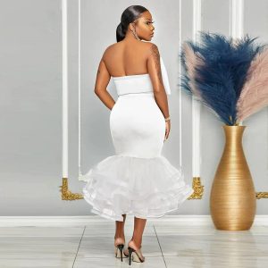 European and American women's cross-border new sexy slim contrasting bandeau off-the-shoulder three-dimensional bow mesh wrap hip skirt suit – Image 4