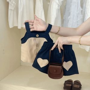 Baby clothes summer thin korean fashion suspender love top shorts set one year old baby girl children's clothes – Image 4