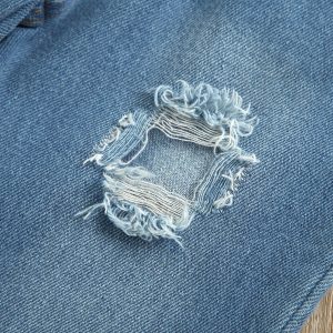Children's clothing, children's summer denim suit, female white lace sling top, beaded ripped denim trousers, hair band – Image 3