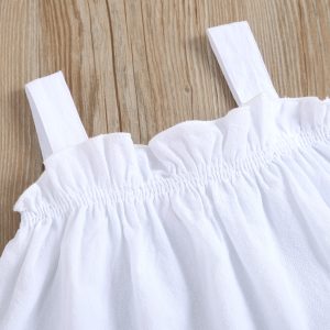 Children's clothing, children's summer denim suit, female white lace sling top, beaded ripped denim trousers, hair band – Image 5