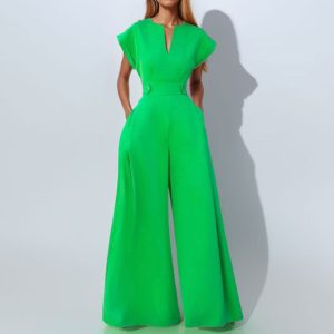 cross-border European and American women's new temperament fashion solid color semi-open collar high-waisted wide-leg sleeveless European and American jumpsuit – Image 3