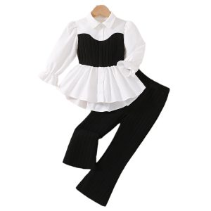 Foreign trade girl suit, lace knitted vest, stitched shirt, small fragrance long-sleeved top, knitted pants, children's two-piece set – Image 5