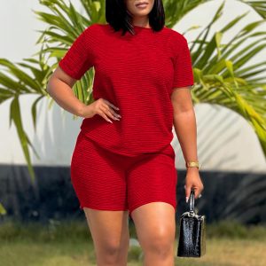 D3332 European and American fashion casual suit women's 2025 summer new loose solid color short sleeve top shorts shorts two-piece set – Image 4