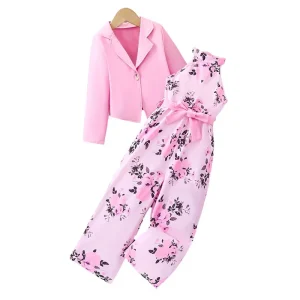 Cross-border European style girl's suit, sleeveless floral halterneck jumpsuit, pink blazer, children's two-piece suit – Image 5