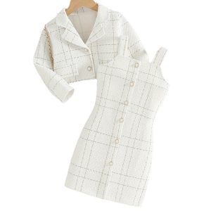 European style little fragrance girl suspender suit lapel long sleeve jacket plaid children's autumn french two-piece dress – Image 5