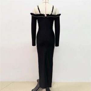 New European and American Bandage Dress, Long Sleeve, V-Neck, Off-the-Shoulder, Suspender Long Skirt, – Image 3