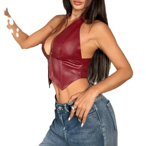 Cross-border new women's European and American hot sexy PU leather halterneck breasted waist diamond design top A1592 – Image 5