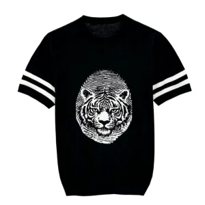 Summer casual black and white color block short sleeve t-shirt men's 2025 new fashion retro tiger head pattern knitted short sleeve men – Image 3