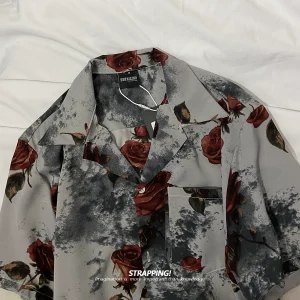 STRAPPING Splash Ink Floral Floral Floral Cuban Collar Short Sleeve Flower Shirt Men's and Women's Hawaiian Retro Japanese Hong Kong Style – Image 4