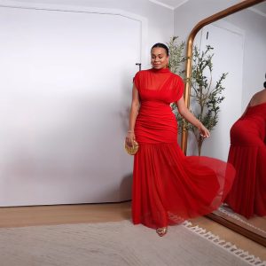 Cross-border dresses spring summer 2025 women's clothing AliExpress explosive temperament half-neck mesh spliced long skirt – Image 4