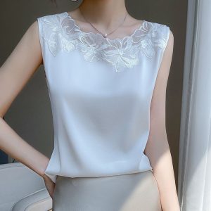 Lace collarless silk hook panel vest women's belly cover loose satin suit with sleeveless top – Image 3