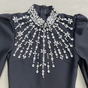 Cross border black red long sleeve feather diamond fashion celebrity bandage long skirt dress dress elegant evening dress – Image 5