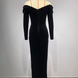 Foreign trade independent station autumn luxury rhinestone sexy see-through off-the-shoulder black dress fashion atmosphere dinner dress – Image 4