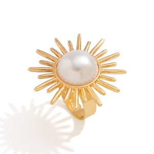European and American cross-border exaggerated irregular metal percussion pattern open ring women's ins geometric ring imitation pearl ring – Image 5